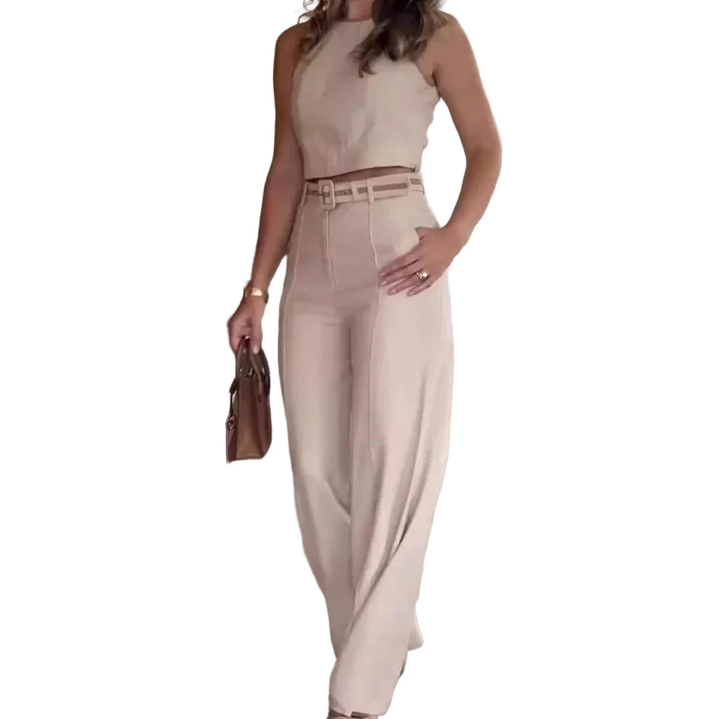 Women Pant Set Two Piece Sets Round Neck Wide Leg Long Pants High Waist Sleeveless Tops Slim Fit Work Casual Elegant 2025