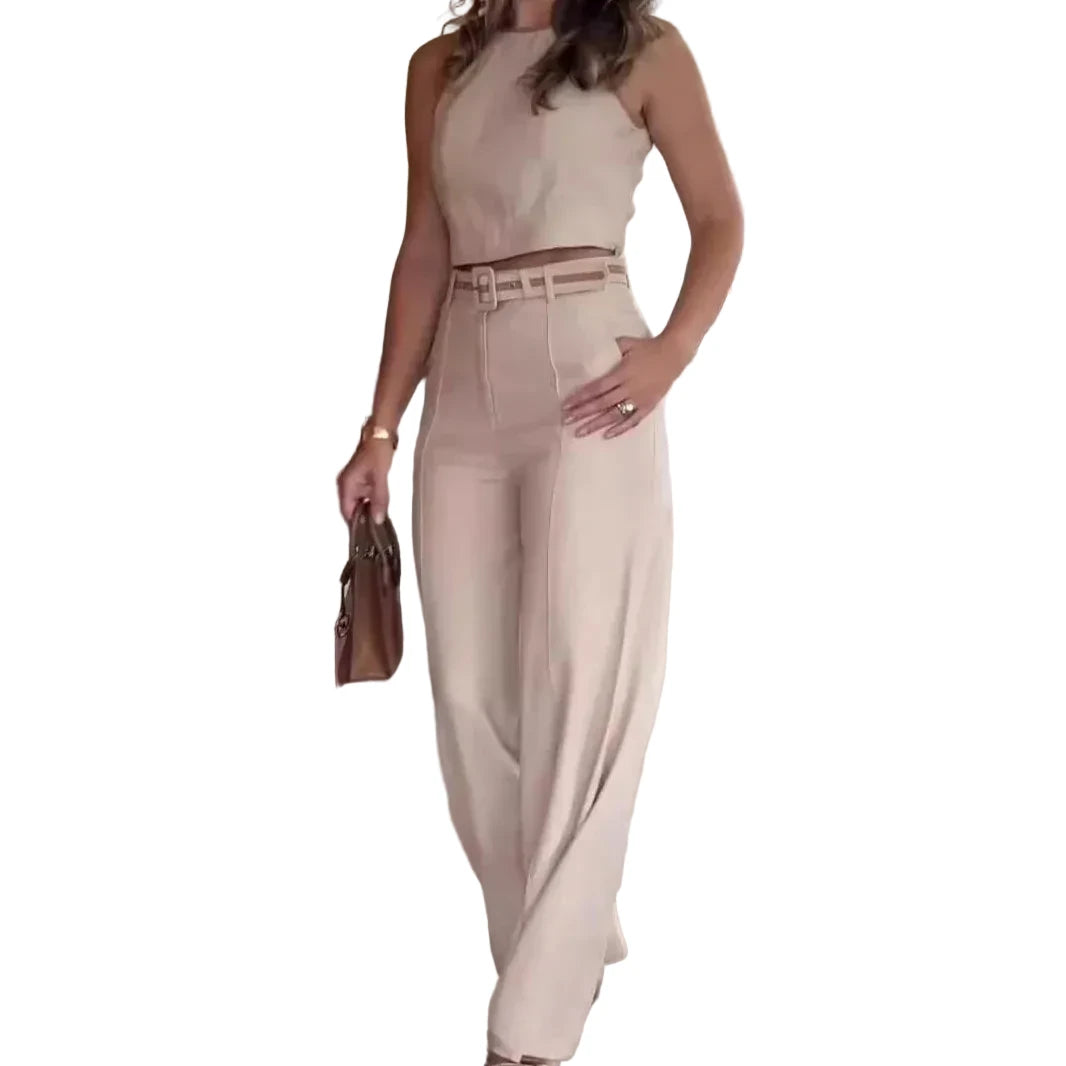 Women Pant Set Two Piece Sets Round Neck Wide Leg Long Pants High Waist Sleeveless Tops Slim Fit Work Casual Elegant 2025