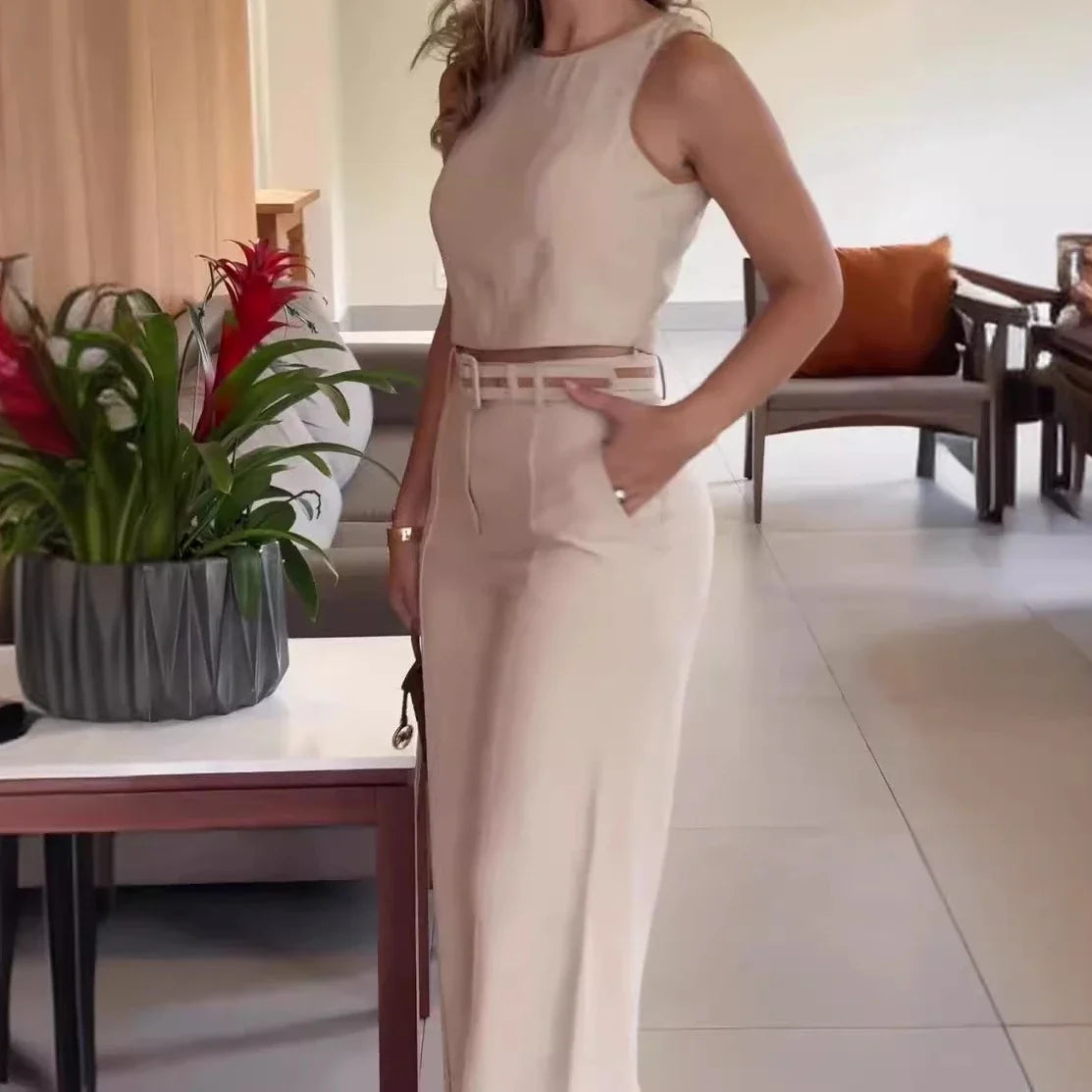 Women Pant Set Two Piece Sets Round Neck Wide Leg Long Pants High Waist Sleeveless Tops Slim Fit Work Casual Elegant 2025