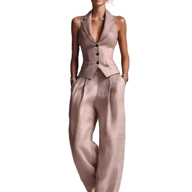 2026 Summer Women Two Piece Set Single-breasted Sleeveless Vest Top And Trousers Pants Set Suit Office Ladies Suits