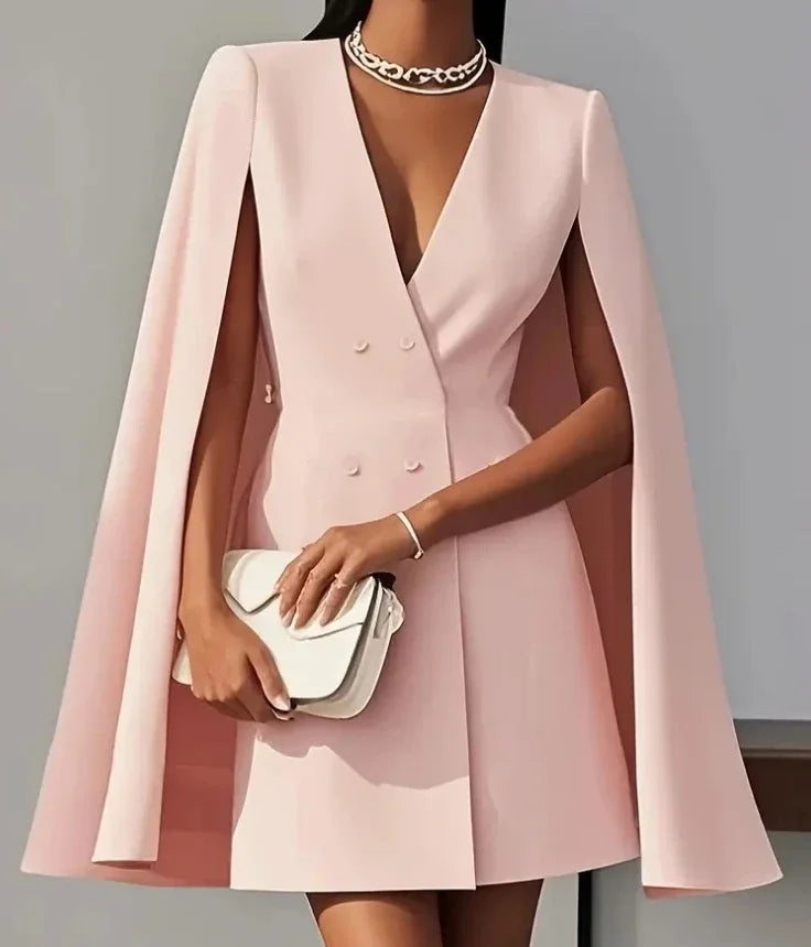 Women's Double Breasted Shawl Cape Mini Dress – V-Neck Solid Color