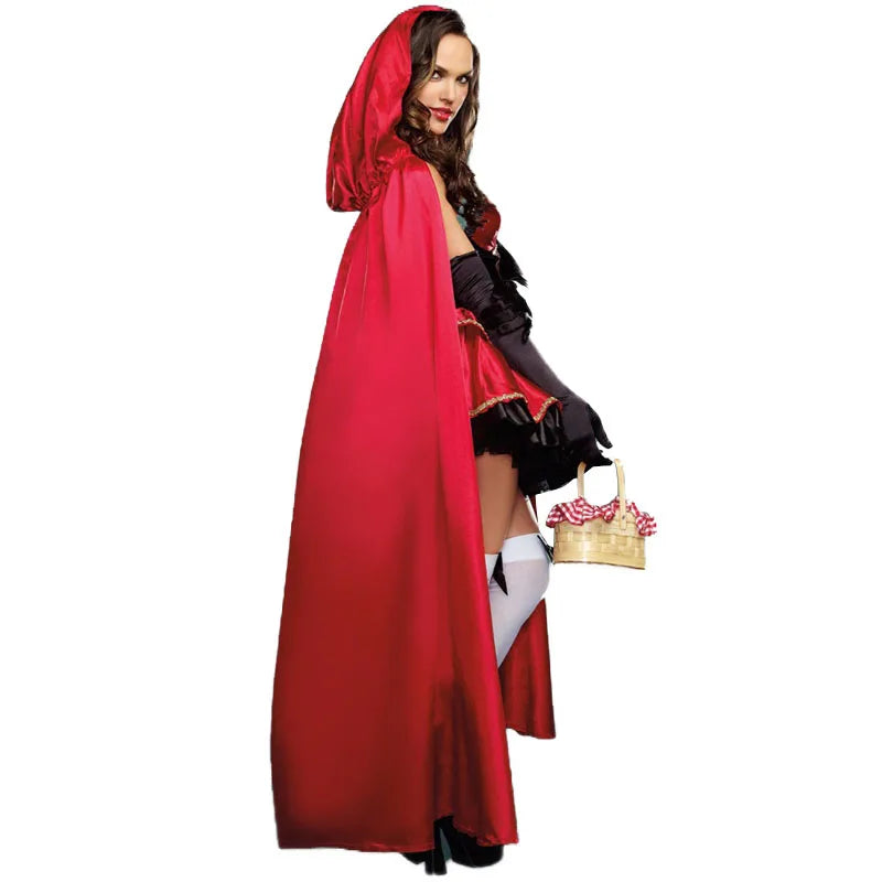 Women Little Red Riding Hood Costume Fancy Adult Halloween Cosplay Fantasia Carnival Fairy Tale Dress+Cloak Women Party Set