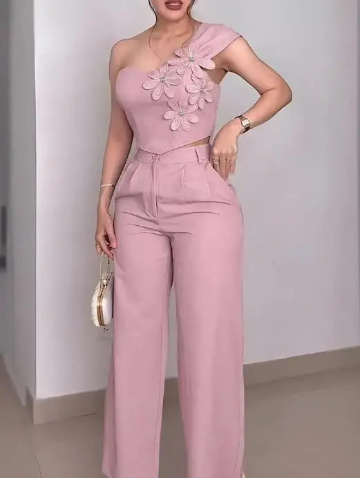 Two Piece Set Women Outfit Rhinestone 3D Floral Decor One Shoulder Sleeveless Shirred Back Top & High Waist Wide Leg Pants Set