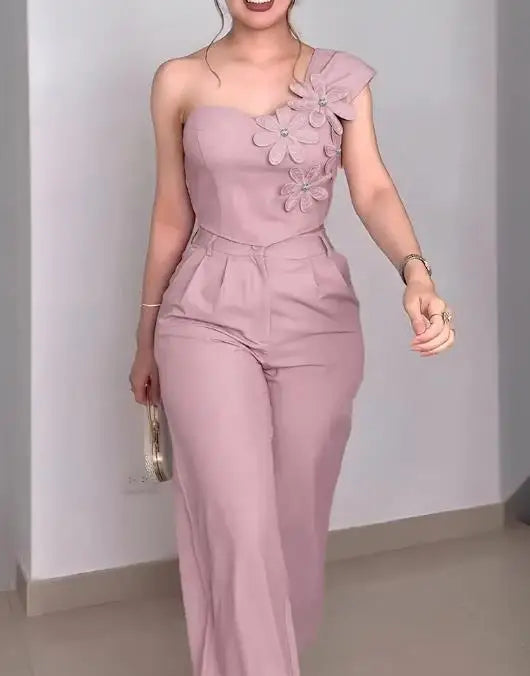 Two Piece Set Women Outfit Rhinestone 3D Floral Decor One Shoulder Sleeveless Shirred Back Top & High Waist Wide Leg Pants Set