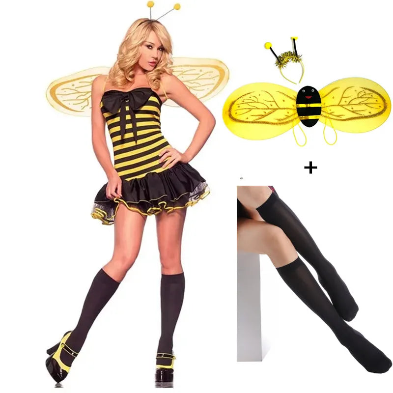 Yellow Bumble Sunny Bee Dress Wings Halloween Costume For Adult Women Cosplay Animal Costumes Girls Christmas Party Fancy Dress