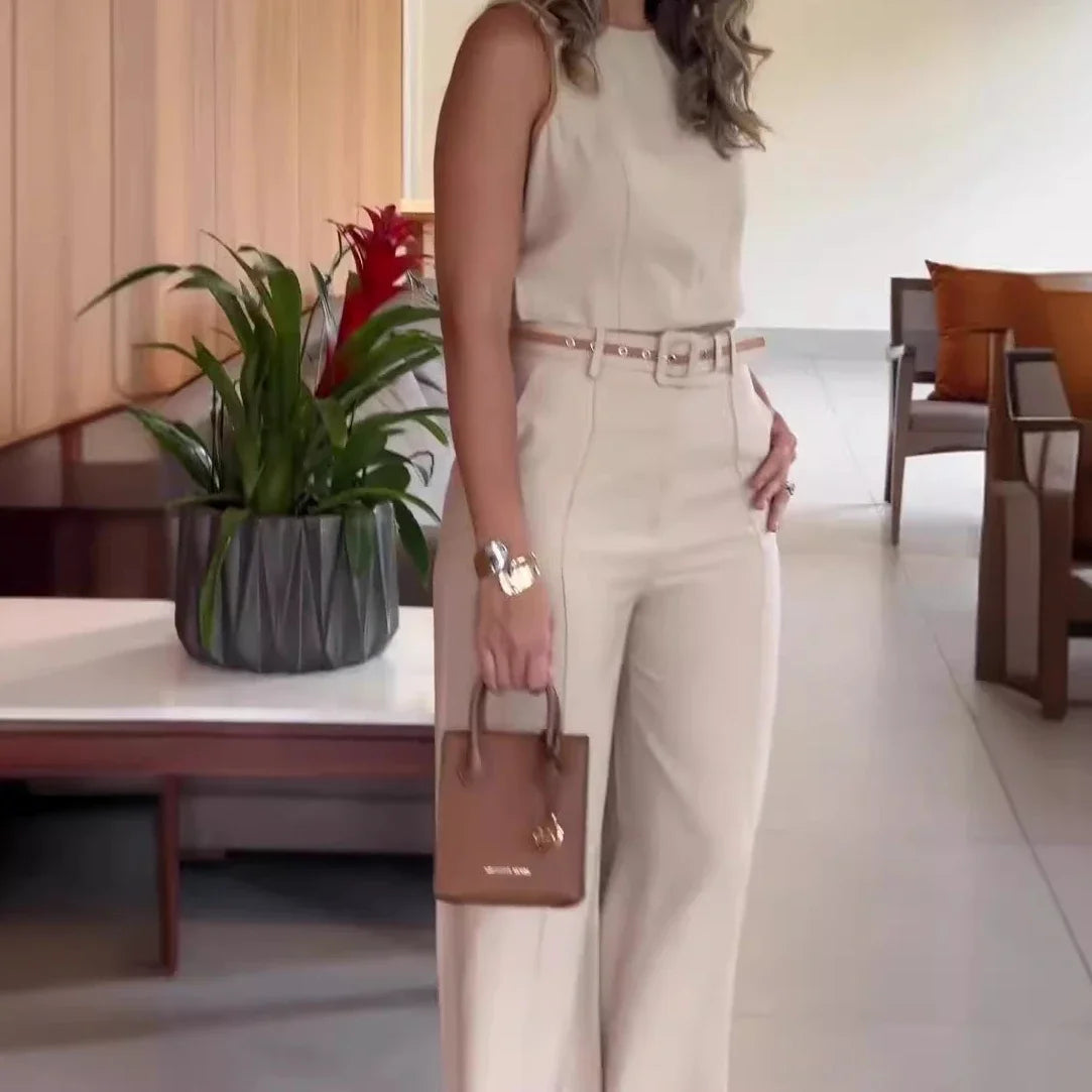 Women Pant Set Two Piece Sets Round Neck Wide Leg Long Pants High Waist Sleeveless Tops Slim Fit Work Casual Elegant 2025