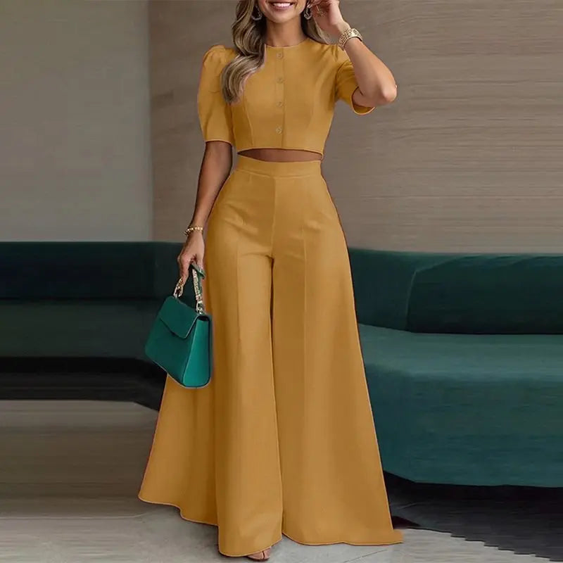 Women 2 Piece Outfits 2026 Summer Puff Sleeve Crop Top High Waist Wide Leg Pants Casual Elegant Office Matching Co Ord Set