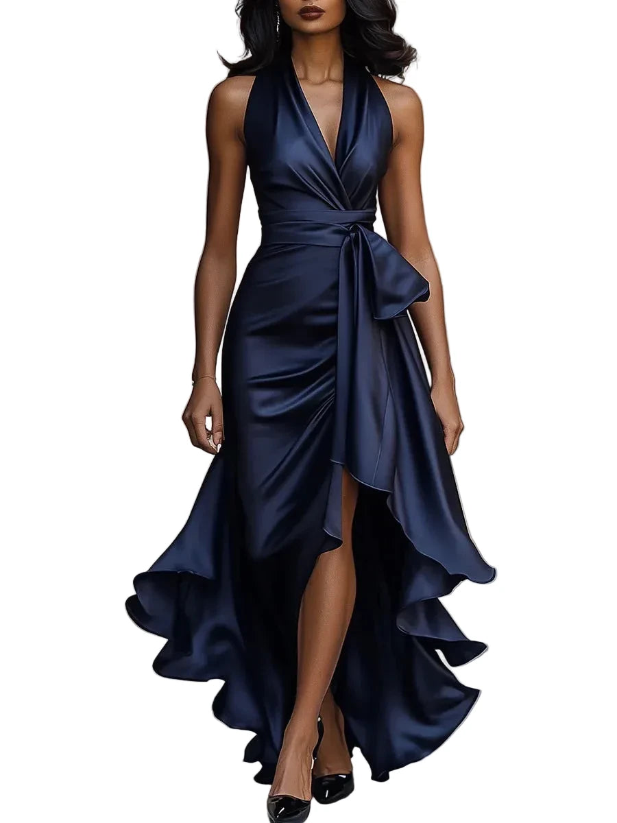 Women's Deep V-Neck Ruffled Evening Gowns Solid Lace-Up High Waist Satin Party Dresses Elegant Temperament Wedding Guests Dress