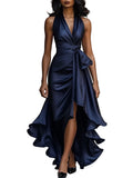 Women's Deep V-Neck Ruffled Evening Gowns Solid Lace-Up High Waist Satin Party Dresses Elegant Temperament Wedding Guests Dress