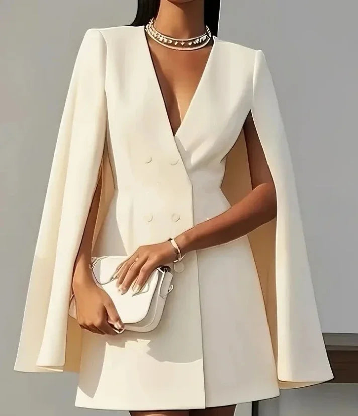 Women's Double Breasted Shawl Cape Mini Dress – V-Neck Solid Color