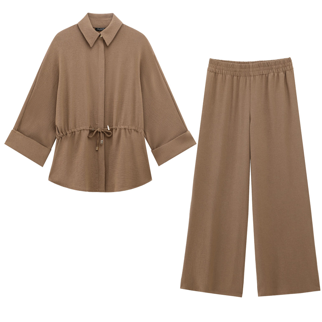Women Kimono Style Blouse Pant Sets Long Sleeve Lace Up Shirt Loose Casual Elastic Waist Trousers Spring Lady Outfit