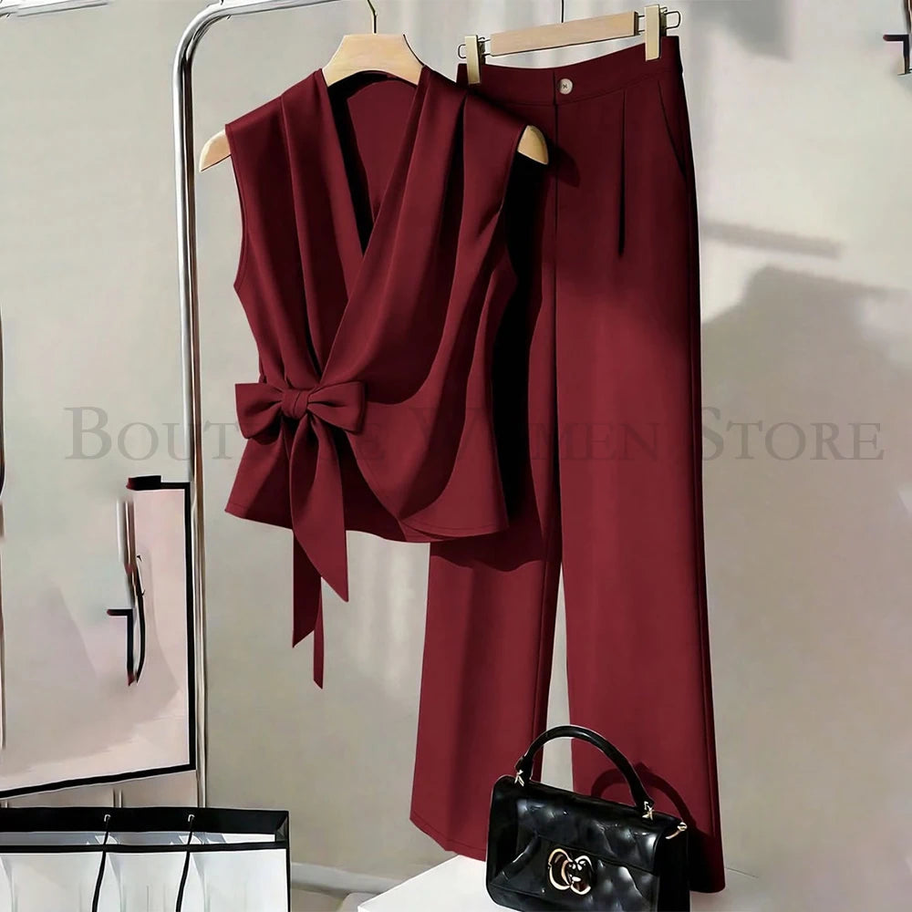Fashion Solid Color Women's Suits 2 Piece Sleeveless Waistcoat With Pants Sets Formal Office Lady Female Clothing on