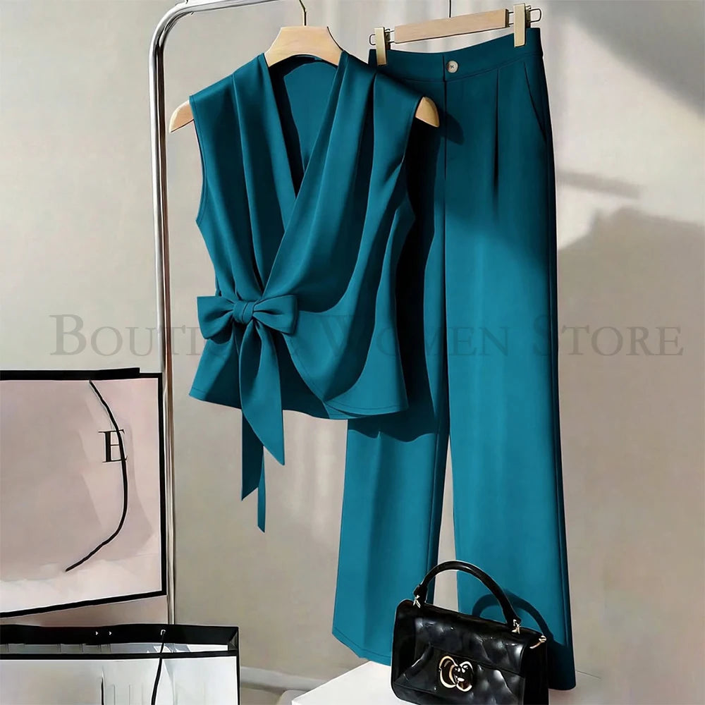 Fashion Solid Color Women's Suits 2 Piece Sleeveless Waistcoat With Pants Sets Formal Office Lady Female Clothing on