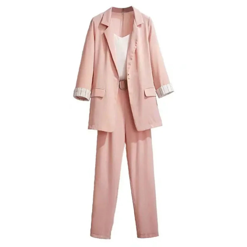 Women's Korean 3-Piece Blazer Set – Loose Suit, Crop Top & High-Waist Pants