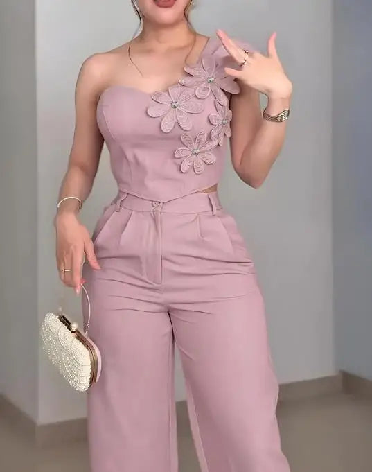 Two Piece Set Women Outfit Rhinestone 3D Floral Decor One Shoulder Sleeveless Shirred Back Top & High Waist Wide Leg Pants Set