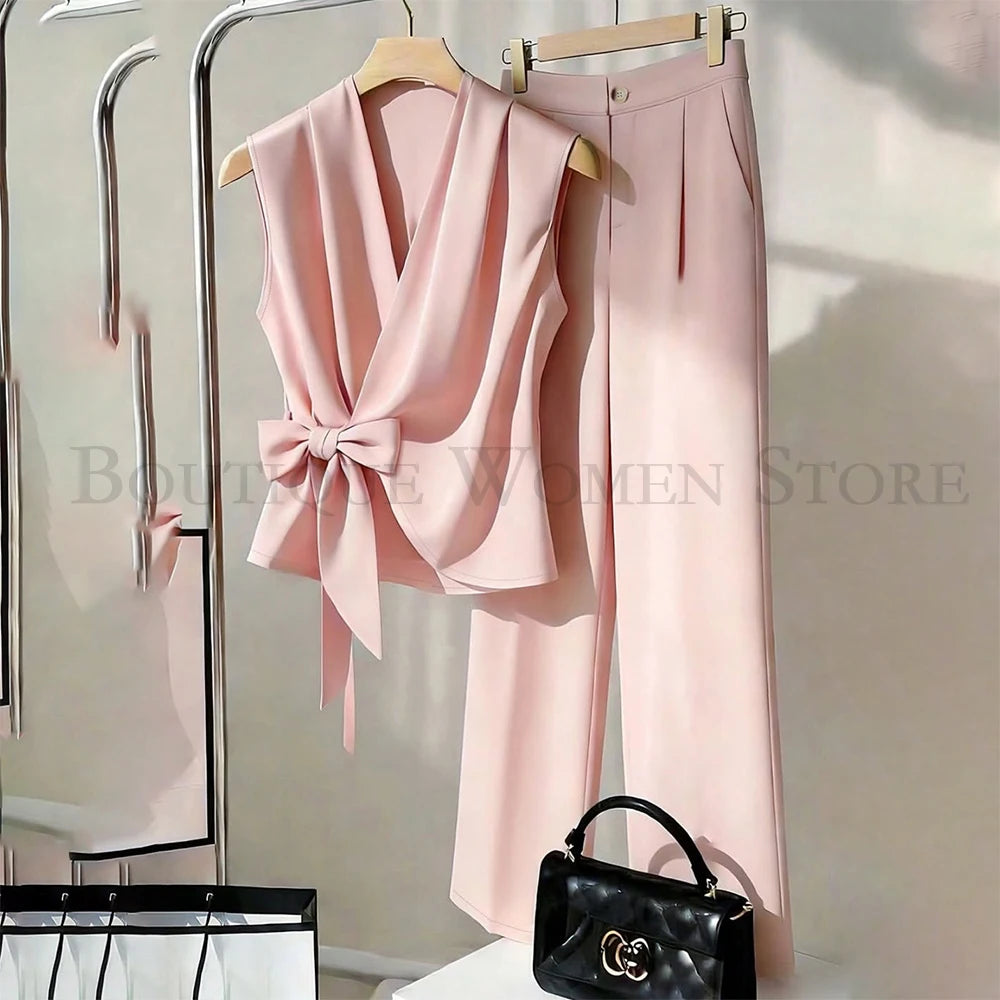 Fashion Solid Color Women's Suits 2 Piece Sleeveless Waistcoat With Pants Sets Formal Office Lady Female Clothing on