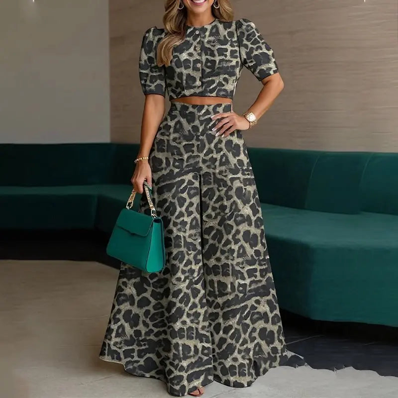 Women 2 Piece Outfits 2026 Summer Puff Sleeve Crop Top High Waist Wide Leg Pants Casual Elegant Office Matching Co Ord Set