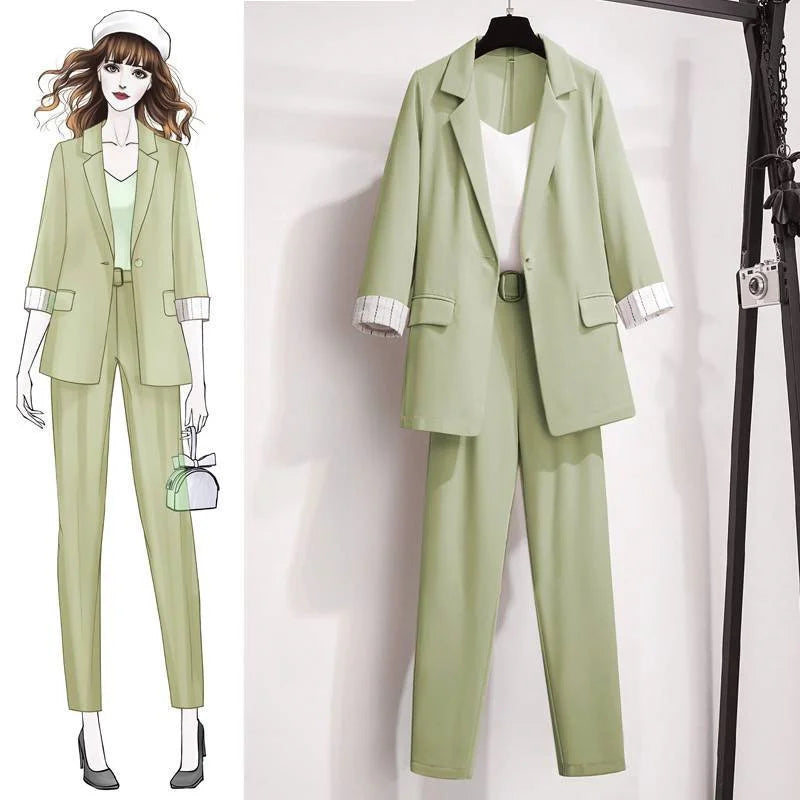 Women's Korean 3-Piece Blazer Set – Loose Suit, Crop Top & High-Waist Pants