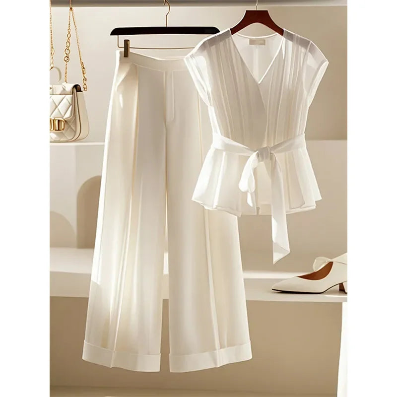 Chiffon V-Neck Blouse & Pleated A-Line Midi Skirt Set – Women's Two-Piece Outfit