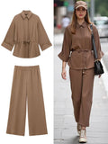 Women Kimono Style Blouse Pant Sets Long Sleeve Lace Up Shirt Loose Casual Elastic Waist Trousers Spring Lady Outfit
