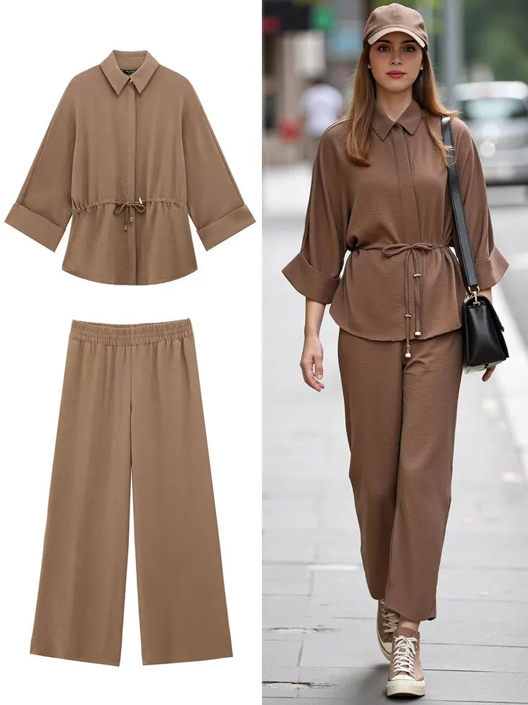 Women Kimono Style Blouse Pant Sets Long Sleeve Lace Up Shirt Loose Casual Elastic Waist Trousers Spring Lady Outfit