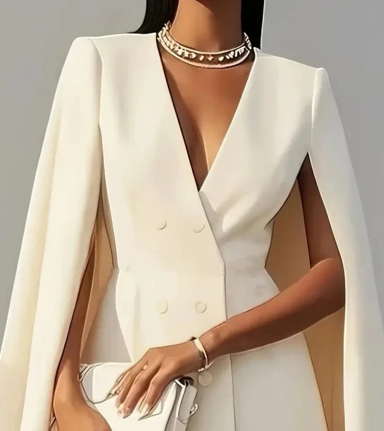 Women's Double Breasted Shawl Cape Mini Dress – V-Neck Solid Color