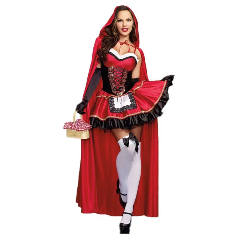 Women Little Red Riding Hood Costume Fancy Adult Halloween Cosplay Fantasia Carnival Fairy Tale Dress+Cloak Women Party Set