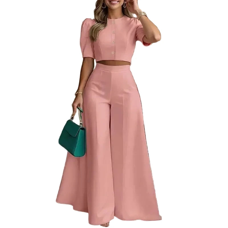 Women 2 Piece Outfits 2026 Summer Puff Sleeve Crop Top High Waist Wide Leg Pants Casual Elegant Office Matching Co Ord Set