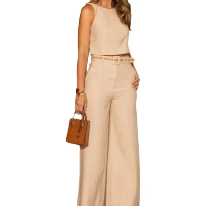Women Pant Set Two Piece Sets Round Neck Wide Leg Long Pants High Waist Sleeveless Tops Slim Fit Work Casual Elegant 2025