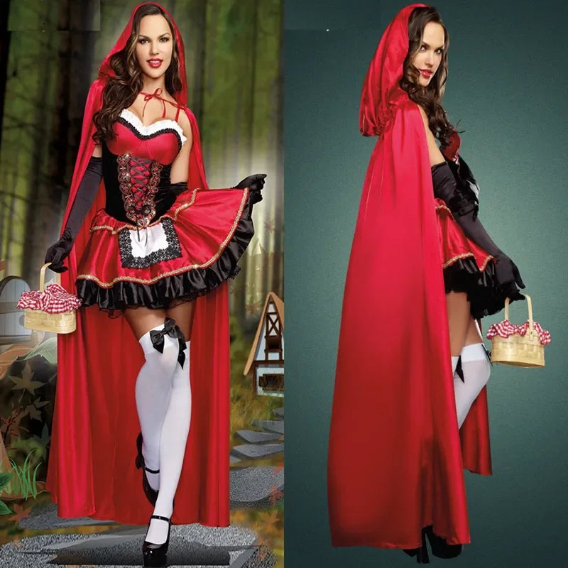 Women Little Red Riding Hood Costume Fancy Adult Halloween Cosplay Fantasia Carnival Fairy Tale Dress+Cloak Women Party Set
