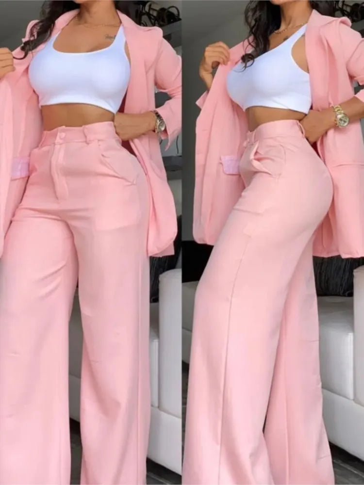 New Autumn Women's Fashion Solid Notched Collar Suit Two Piece Business Office Casual Elegant Womens Blazer Coat Trousers Set