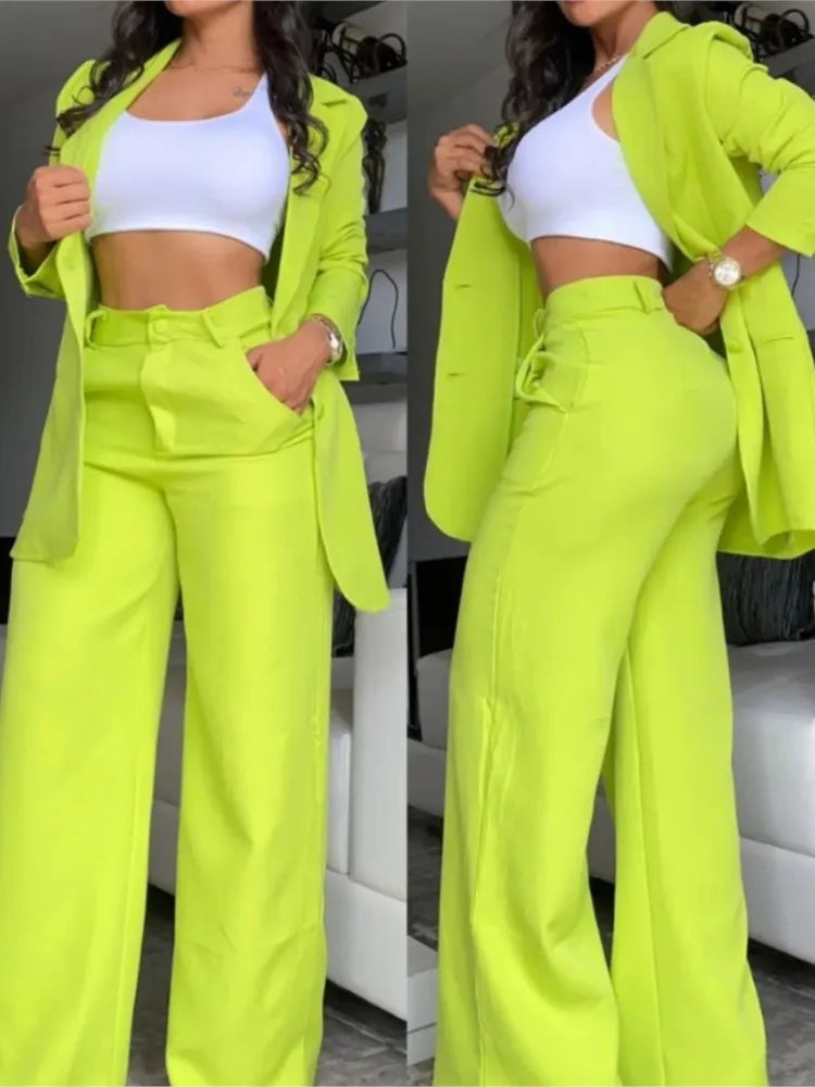 New Autumn Women's Fashion Solid Notched Collar Suit Two Piece Business Office Casual Elegant Womens Blazer Coat Trousers Set