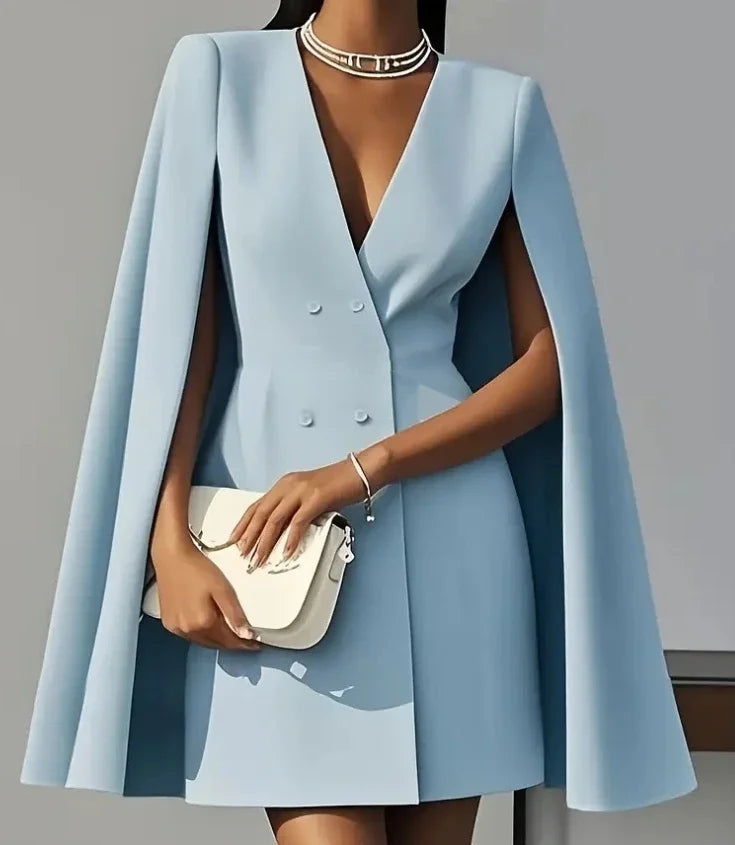 Women's Double Breasted Shawl Cape Mini Dress – V-Neck Solid Color