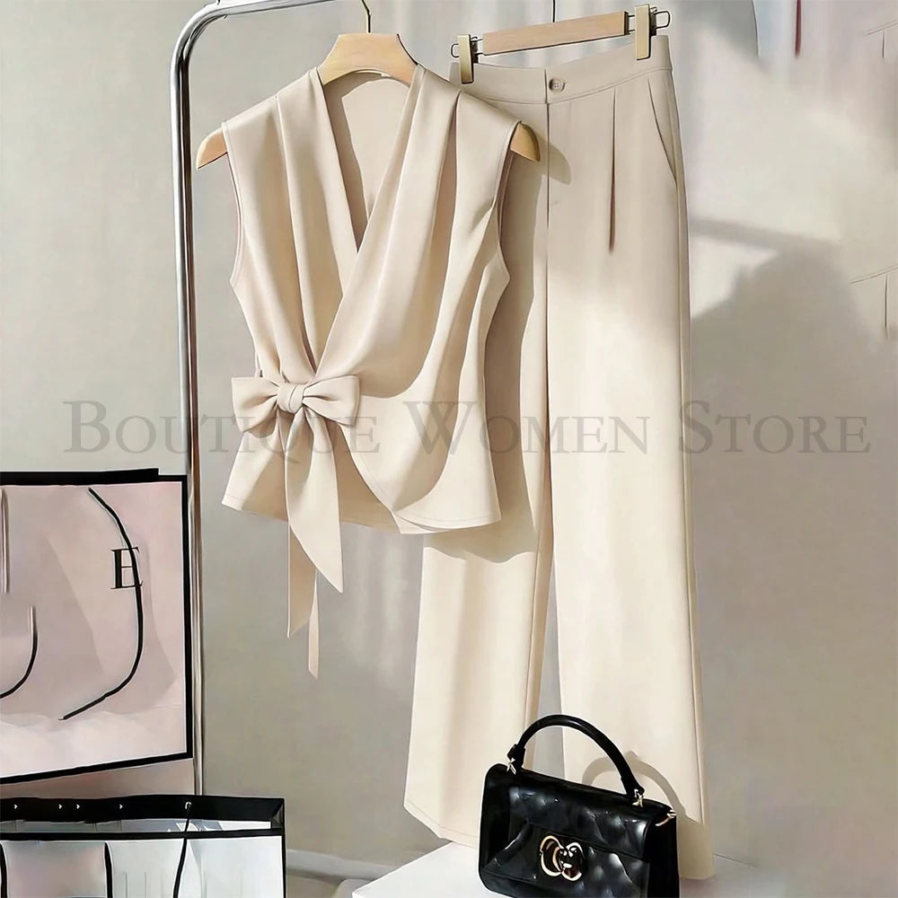 Fashion Solid Color Women's Suits 2 Piece Sleeveless Waistcoat With Pants Sets Formal Office Lady Female Clothing on