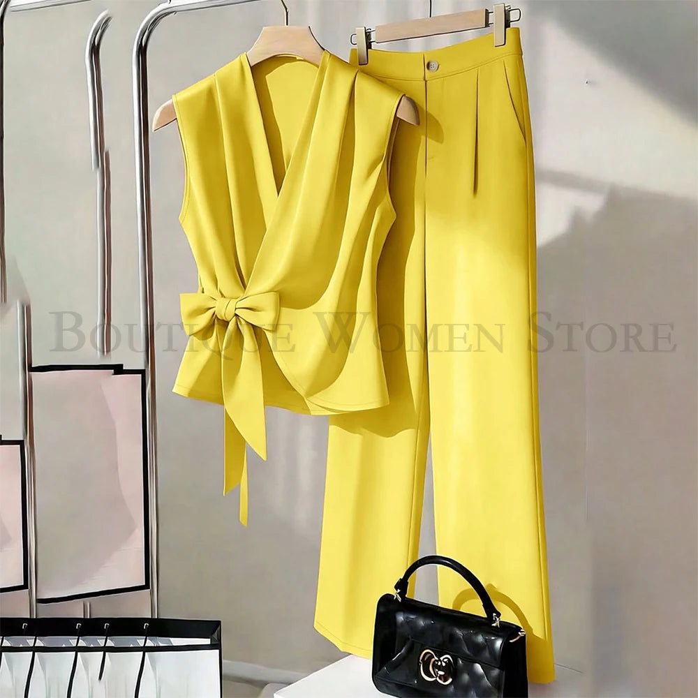 Fashion Solid Color Women's Suits 2 Piece Sleeveless Waistcoat With Pants Sets Formal Office Lady Female Clothing on