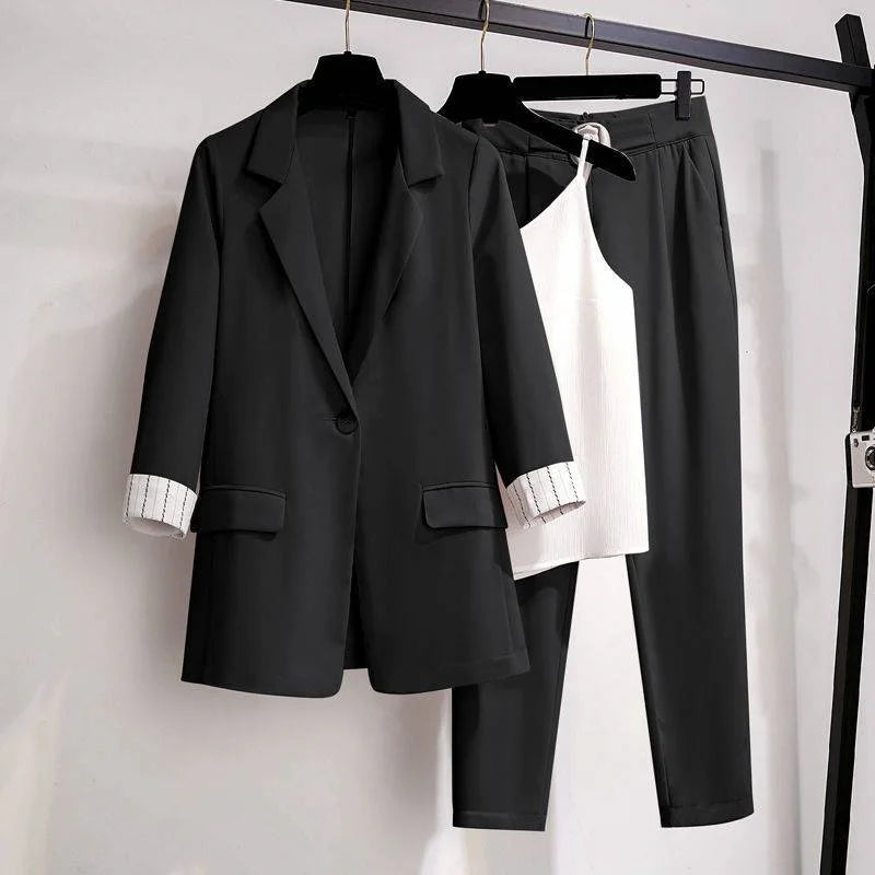 Women's Korean 3-Piece Blazer Set – Loose Suit, Crop Top & High-Waist Pants