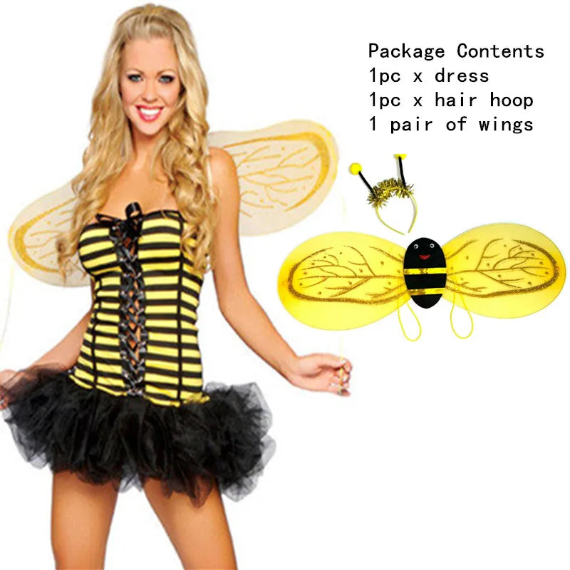 Yellow Bumble Sunny Bee Dress Wings Halloween Costume For Adult Women Cosplay Animal Costumes Girls Christmas Party Fancy Dress