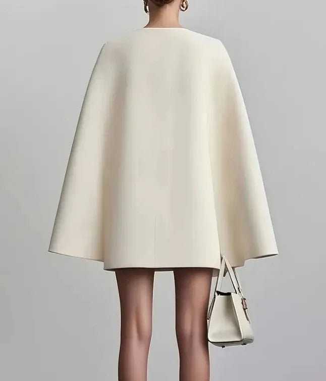 Women's Double Breasted Shawl Cape Mini Dress – V-Neck Solid Color