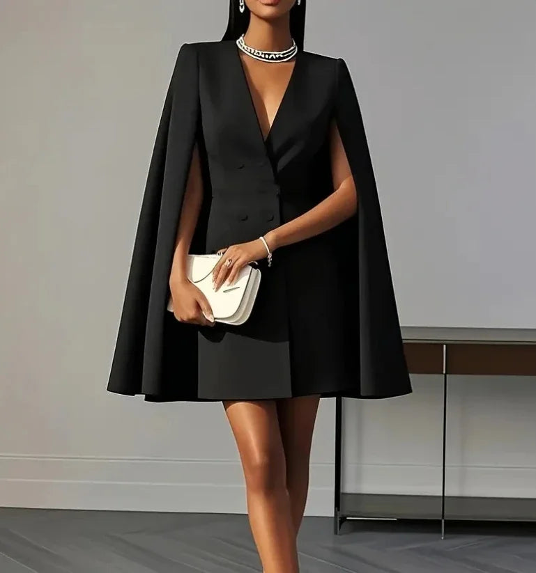 Women's Double Breasted Shawl Cape Mini Dress – V-Neck Solid Color