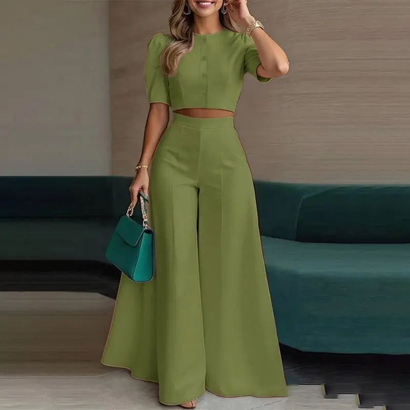 Women 2 Piece Outfits 2026 Summer Puff Sleeve Crop Top High Waist Wide Leg Pants Casual Elegant Office Matching Co Ord Set
