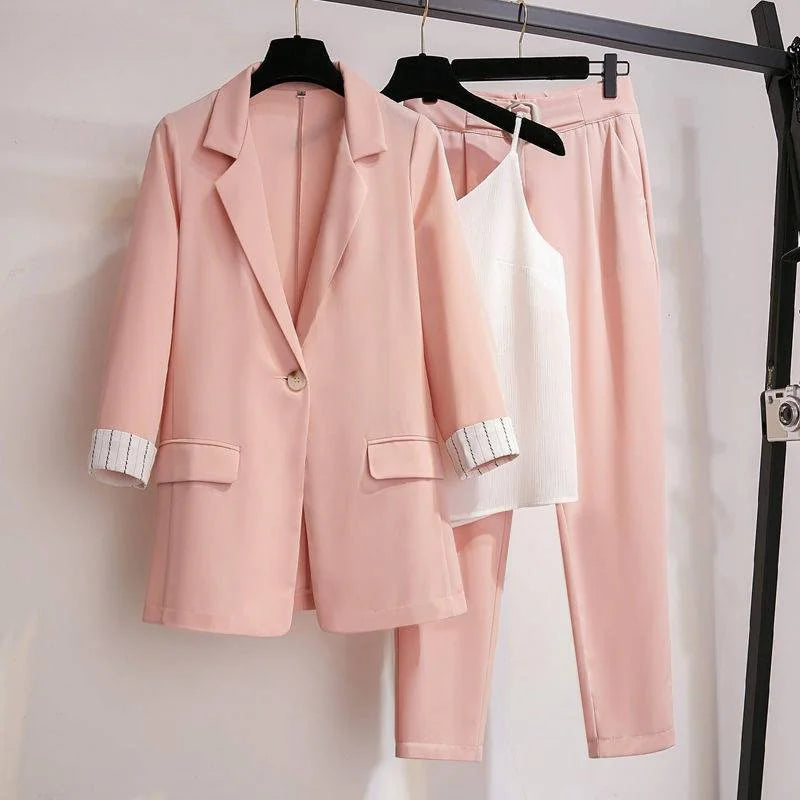 Women's Korean 3-Piece Blazer Set – Loose Suit, Crop Top & High-Waist Pants