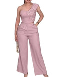 Two Piece Set Women Outfit Rhinestone 3D Floral Decor One Shoulder Sleeveless Shirred Back Top & High Waist Wide Leg Pants Set