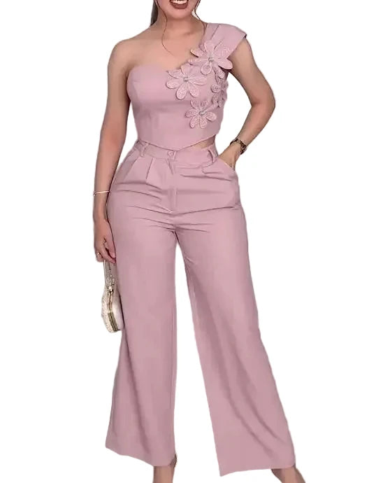 Two Piece Set Women Outfit Rhinestone 3D Floral Decor One Shoulder Sleeveless Shirred Back Top & High Waist Wide Leg Pants Set