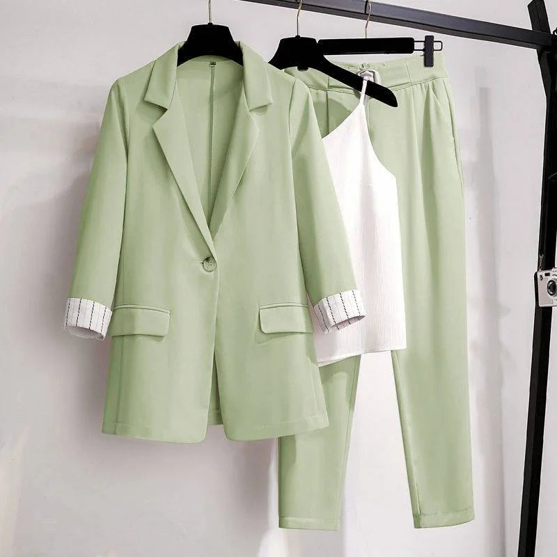 Women's Korean 3-Piece Blazer Set – Loose Suit, Crop Top & High-Waist Pants