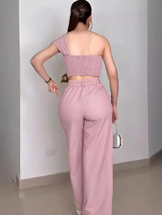 Two Piece Set Women Outfit Rhinestone 3D Floral Decor One Shoulder Sleeveless Shirred Back Top & High Waist Wide Leg Pants Set